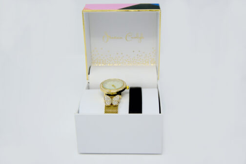 Charm & Lovely Introduces Jessica Carlyle Women's Gold-Tone Mesh with Butterfly & Heart Charm Watch. Front View