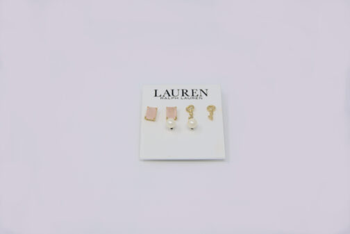 Charm & Lovely affordable fashion accessories introduces Ralph Lauren Gold-Tone White Pearl Rose Quartz Stone Key Trio Earrings, gold keys size, square rose quartz, and pearl earrings.