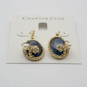 Charter Club Gold-Tone Blue Crystal Stone & Imitation Pearl Earrings Top View