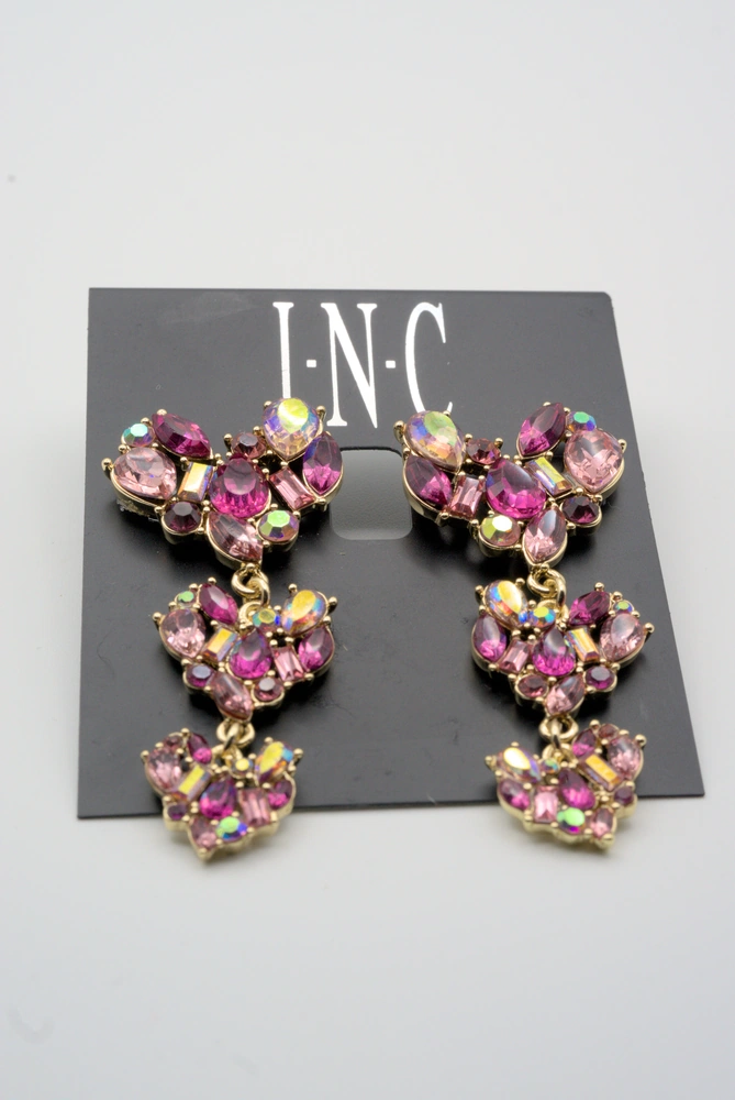International Concepts Gold-Tone Purple & Pink Stone Triple Heart Earrings Closeup View