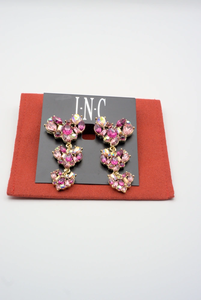 International Concepts Gold-Tone Purple & Pink Stone Triple Heart Earrings Top View 02