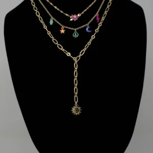 International Concepts Gold-Tone Heart Crystal and MultiColor Charm Layered Necklace Front View