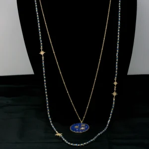 Lonna & Lilly Gold-Tone Pave Star Navy Disc Double Long Layered Necklace Front View